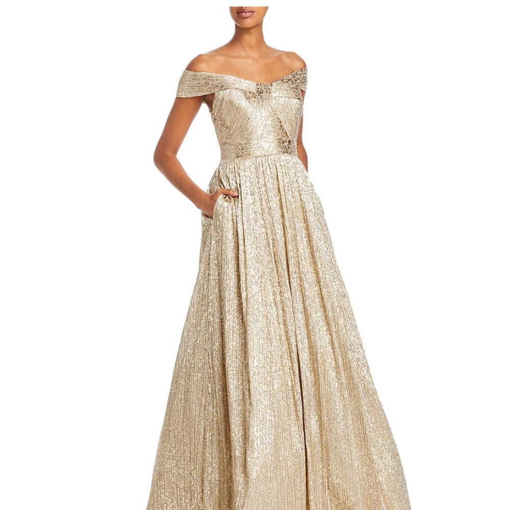 Aidan Mattox metallic off the shoulder gown